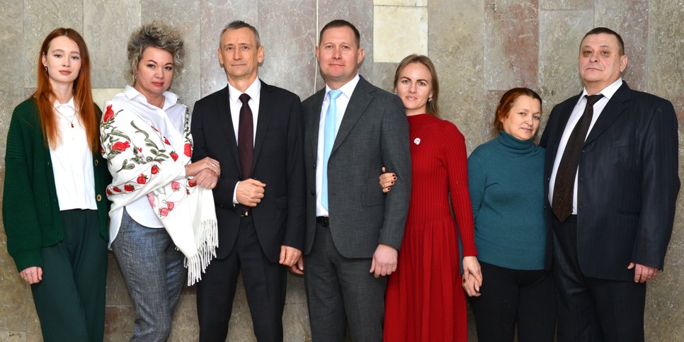 From left to right: Aleksey Vasiliyev with his wife and daughter, Anton Bashabaev and Aleksey Yefremov with their wives