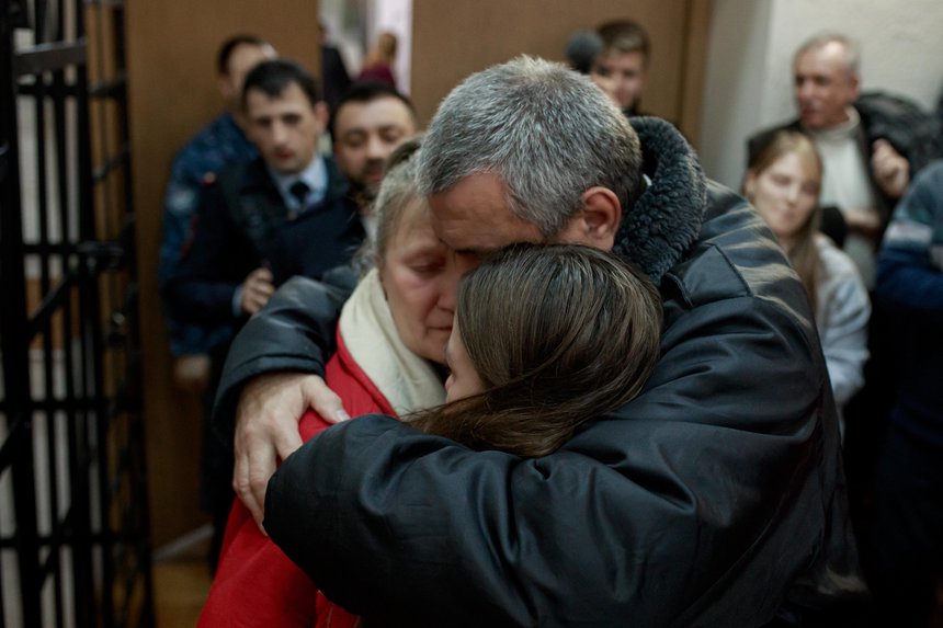 Disabled Anatoliy Yevtushenko says goodbye to his family after being sentenced to 2 years in a penal colony. Krasnodar, December 2025.